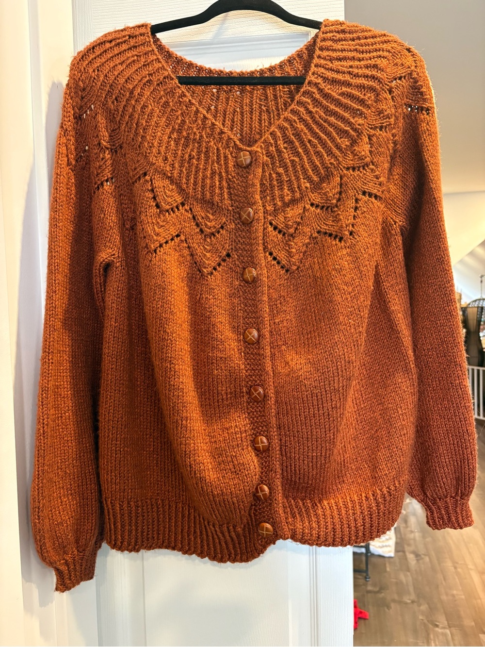 Handmade Wool Cardigan – Women’s Large – Cozy Rust Fall Sweater